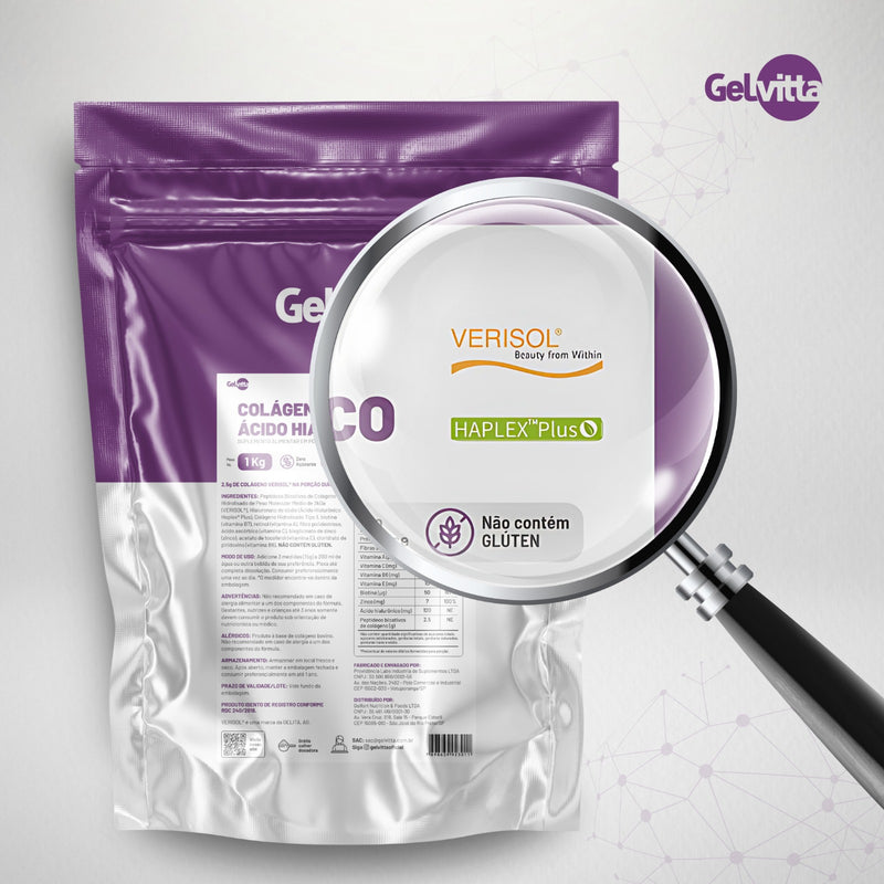 COLÁGENO VERISOL® + ÁCIDO HIALURÔNICO HAPLEX® PLUS + BIOTINA + VITAMINA C 1 KG + CAIXA PRESENTE GELVITTA