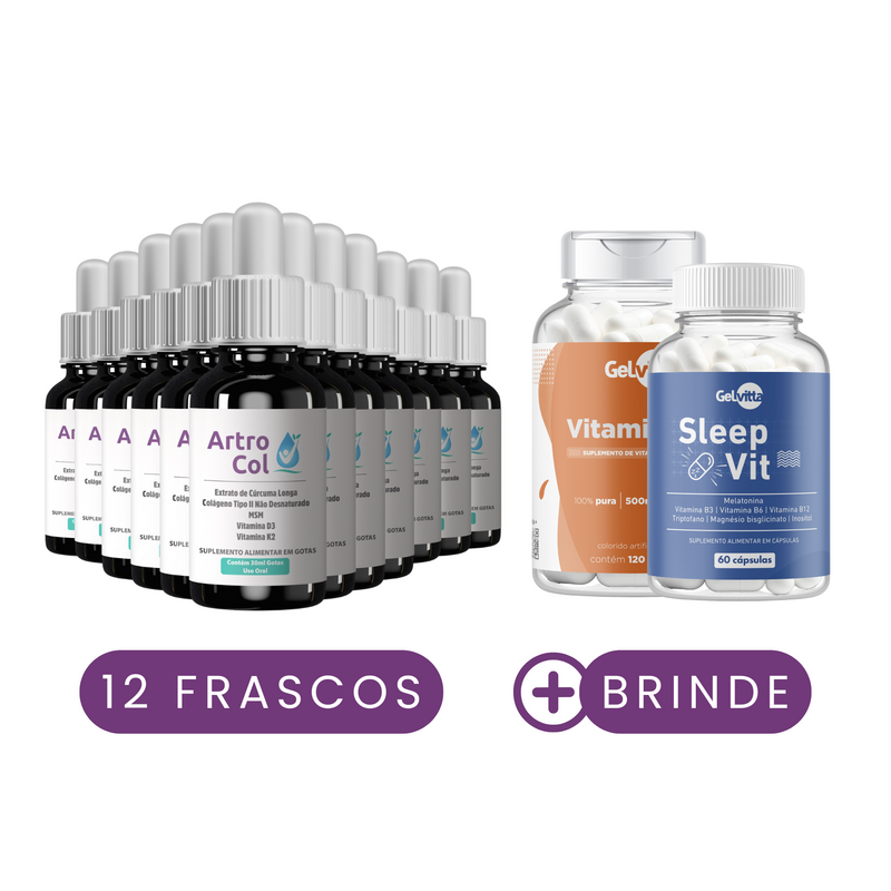 KIT 12X ARTROCOL - COLÁGENO TIPO 2 E CÚRCUMA - DOR MUSCULAR E ARTICULAR + BRINDE