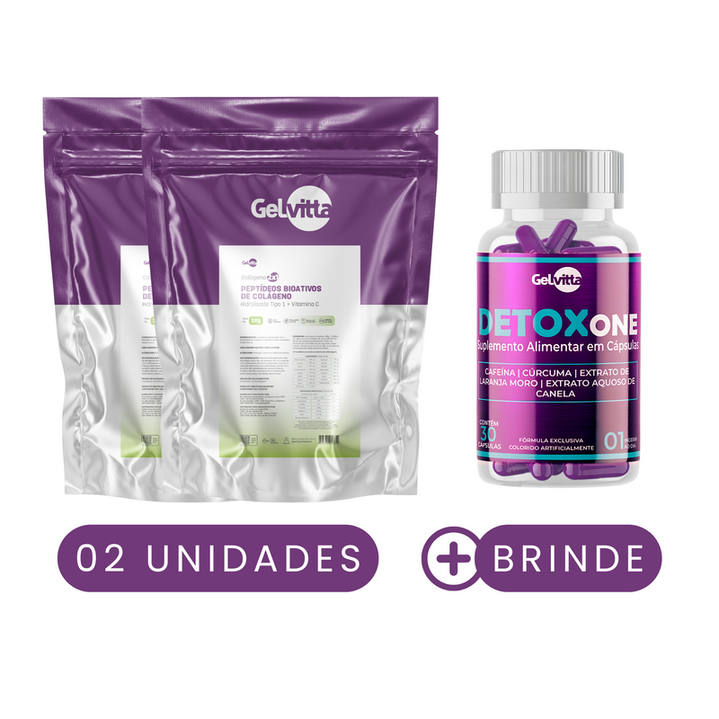 KIT 2X COLÁGENO HIDROLISADO TIPO 1 + PEPTÍDEOS BIOATIVOS COM VITAMINA C 1 KG + BRINDE