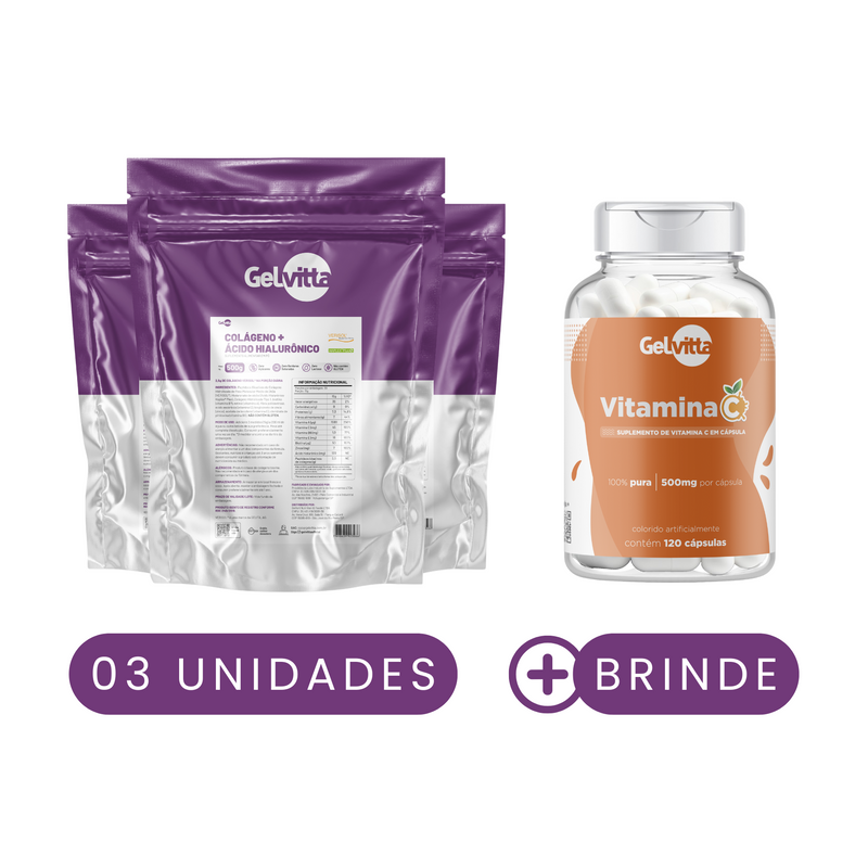 KIT 3X COLÁGENO VERISOL® + ÁCIDO HIALURÔNICO HAPLEX® PLUS + BIOTINA + VITAMINA C 500G + BRINDE