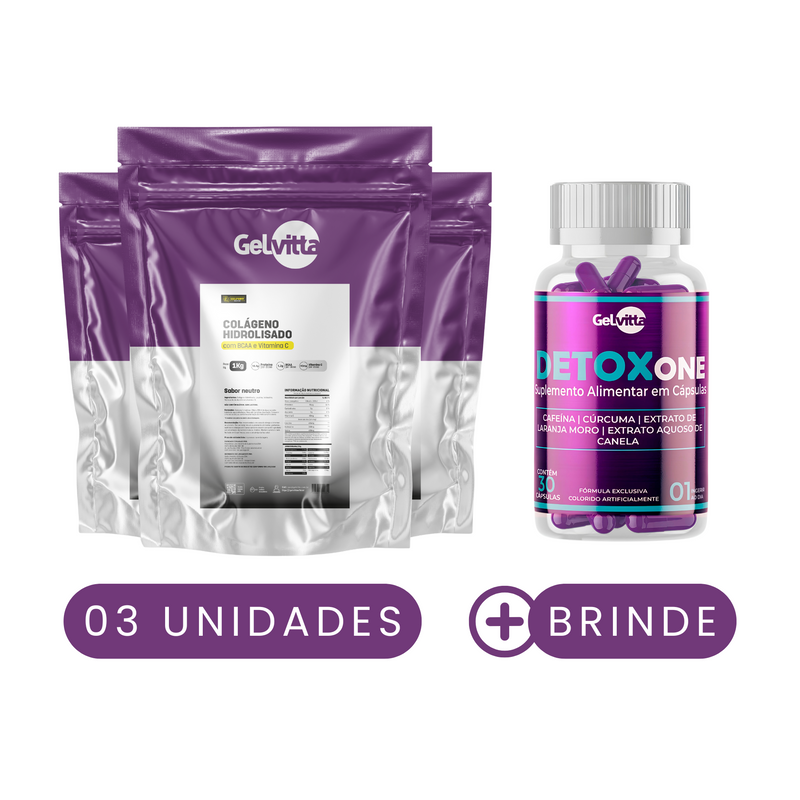 KIT 3X COLÁGENO PURO COM BCAA E VITAMINA C 1 KG + BRINDE