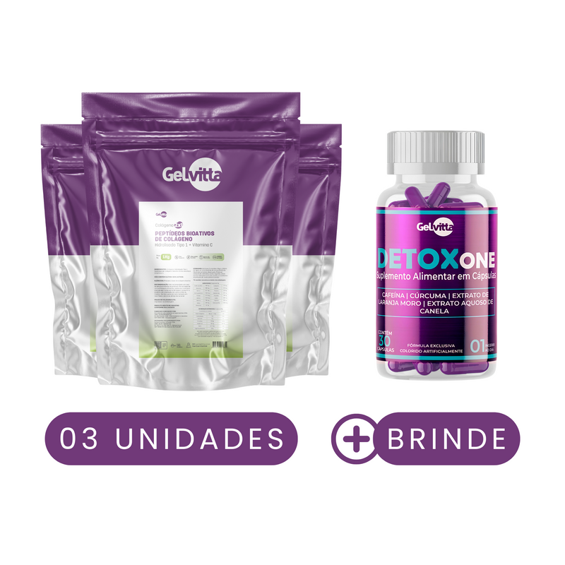 KIT 3X COLÁGENO HIDROLISADO TIPO 1 + PEPTÍDEOS BIOATIVOS COM VITAMINA C 1 KG + BRINDE