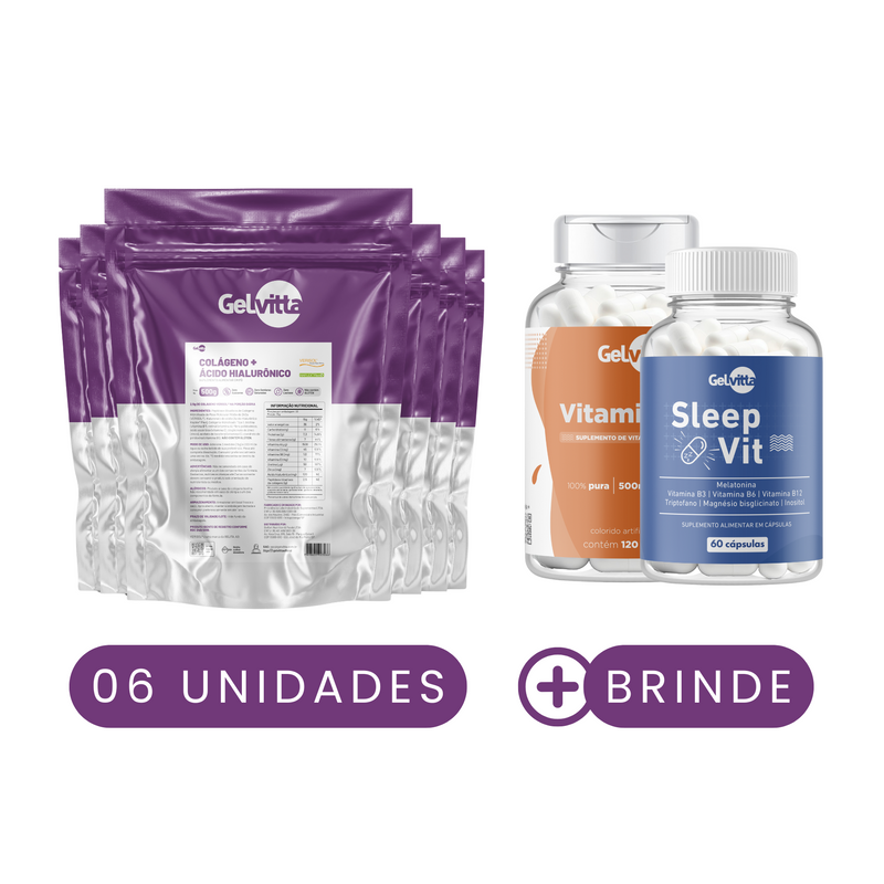 KIT 6X COLÁGENO VERISOL® + ÁCIDO HIALURÔNICO HAPLEX® PLUS + BIOTINA + VITAMINA C 500G + BRINDE